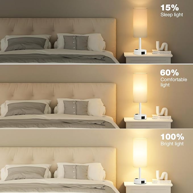 Fenmzee Matte White Bedside Table Lamp for Bedroom - 3 Way Dimmable Touch Lamp USB C Charging Ports and AC Outlet, Small Lamp Round Flaxen Fabric Shade for Living Room, Desk, LED Bulb Included - Bloomnest