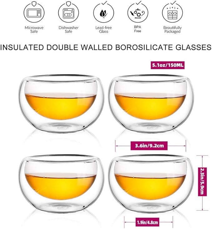 CNGLASS Glass Teapot Set,20oz Clear Tea Pot with 4 Double Wall Teacups,Stovetop Safe Tea Kettle,Blooming Loose Leaf Tea Maker Gift,Microwave Dishwasher Safe - Bloomnest