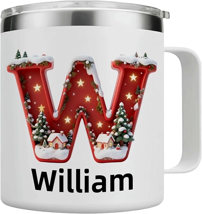 Personalized Christmas Mug | Custom Starry Night Village Initial Insulated Coffee Cup with Handle & Lid | 12oz Festive Red Holiday Tumbler, Unique Gift (B10) - Bloomnest