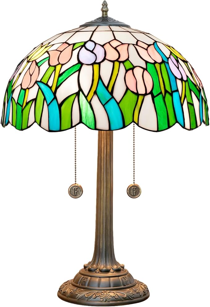 Tiffany Lamp Pink Yellow Tulips Stained Glass Table Lamp 16 inch Large Desk Light Antique Beside Reading Lamp for Home Living Room Bedroom Office - Bloomnest