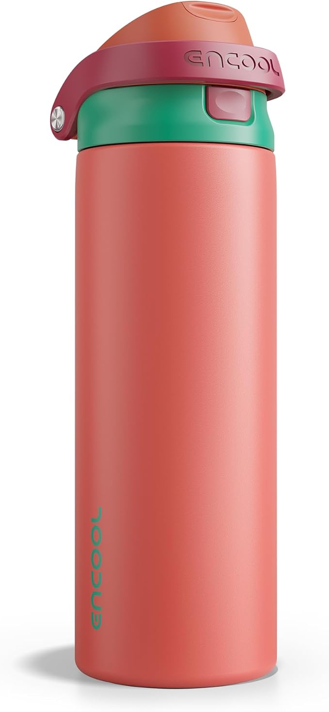 ENCOOL Leakproof Insulated Water Bottle with Straw Dual-Sip Water Bottle Bag-Safe Design for Work, Commute & Gym – Keeps Drinks Cold All Day, 24 oz, Coral Red ENCOOL