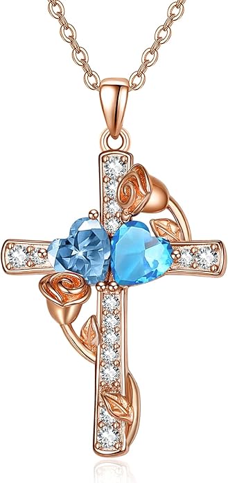 Rose Gold Dual Birthstones Cross Necklace for Women Rose Flower Jewelry Anniversary Christmas Mother's Valentine's Day Birthday Gift for Wife Girlfriend Mom - Bloomnest