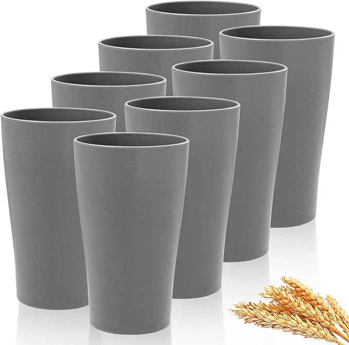 EI 8pcs Dark Grey Wheat Straw Cups,Unbreakable Plastic Reusable Cups,Plastic Tumbler Cups for Kitchen,Dishwasher Safe Water Glasses for Water, Coffee, Juice, Tea - Bloomnest