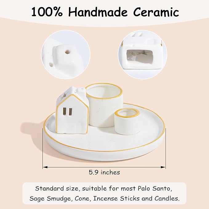 ZenBless 5 in 1 Incense Holder Burner for Palo Santo, Sage, Incense Sticks/Cones and Candle - Ceramic Incense Cone Smudge Tray,Aromatherapy Home Decoration - Bloomnest