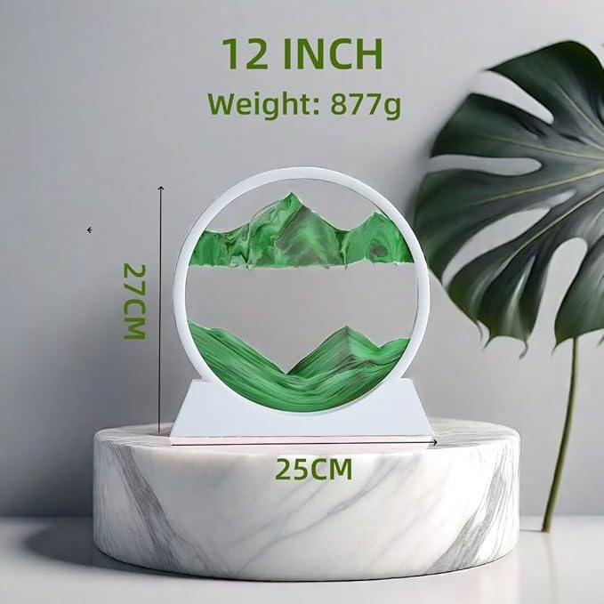 BGFJYUK Moving Sand Art Picture in Motion, Round Glass 3D Deep Sea Sandscapes with Display Flowing Sand Frame for Relaxing Desktop Home Office Work Décor for Kids Adults（White Frame Green, 12inch - Bloomnest