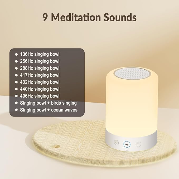 Quietbliss Tibetan Singing Bowl Machine – 9 Authentic Bowl Sounds with Adjustable Night Light for Meditation, Yoga, Chakra Healing, Stress Relief & Sleep Therapy, Timer, Portable & Touch Control - Bloomnest