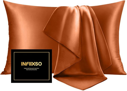 INFIIXSO Mulberry Silk Pillow Cases King Size Set of 2, Silk Pillowcase with Hidden Zipper 20"x36", Extraordinary Smooth and Soft Pillow Case for Hair and Skin(Brunt Orange, 2 Pack) - Bloomnest