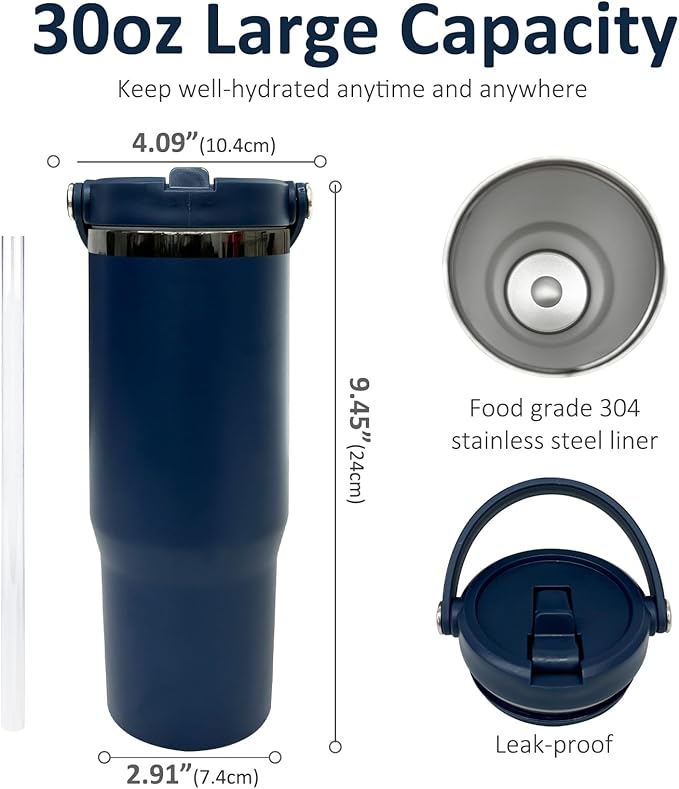 30 oz Tumbler with Handle, Double Wall Vacuum Insulated Tumblers with Flip Straw, Coffee Mug 30oz Powder Coated Cup for Hot and Cold Drinks(Black Plated, Navy,8 pack) - Bloomnest