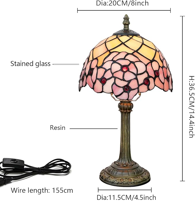Tiffany Lamp Stained Glass Table Lamp 8X8X14 Inches Desk Reading Light Decor Beside Bedroom Living Room Home (H-1055- Cherry Blossom) - Bloomnest