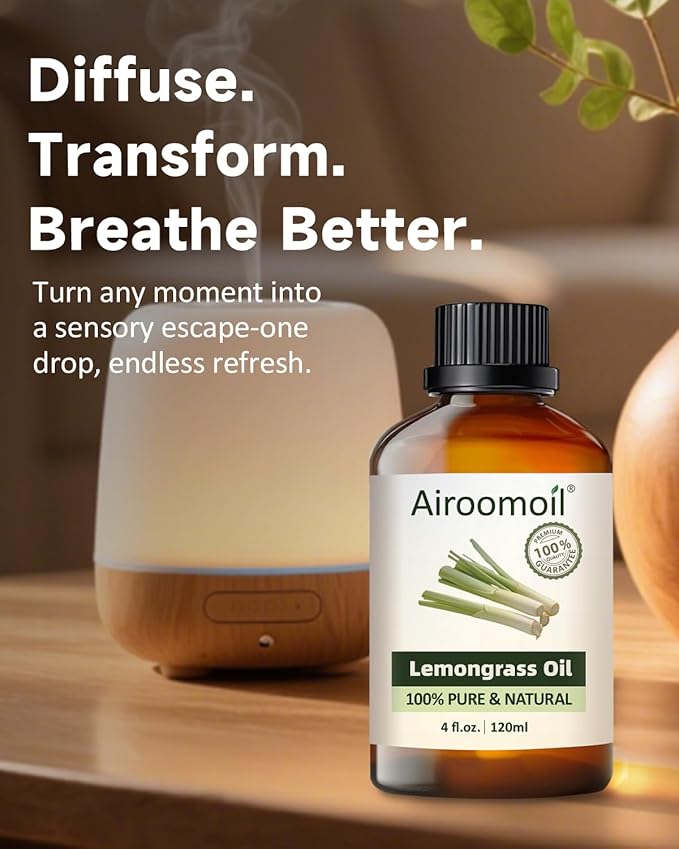 Pure Lemongrass Essential Oil Citrus Aromatherapy Natural for Hair Home Body Skin Energizing Diffuser Oils 4 Fl Oz Airoomoil