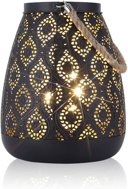 TRIROCKS Moroccan Style Metal Lamp 8''H Battery Operated Cordless Table Lamp Vintage Lantern for Living Room Garden Yard Patio Parties Event Indoors Outdoors (Black with Gold Brush) - Bloomnest