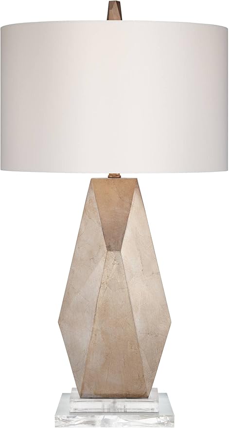 Possini Euro Design Modern Table Lamp with Acrylic Riser 32 1/2" Tall Champagne Gold Off-White Fabric Hardback Drum Shade Decor for Bedroom Living Bedside Nightstand Home Office Kids Room - Bloomnest