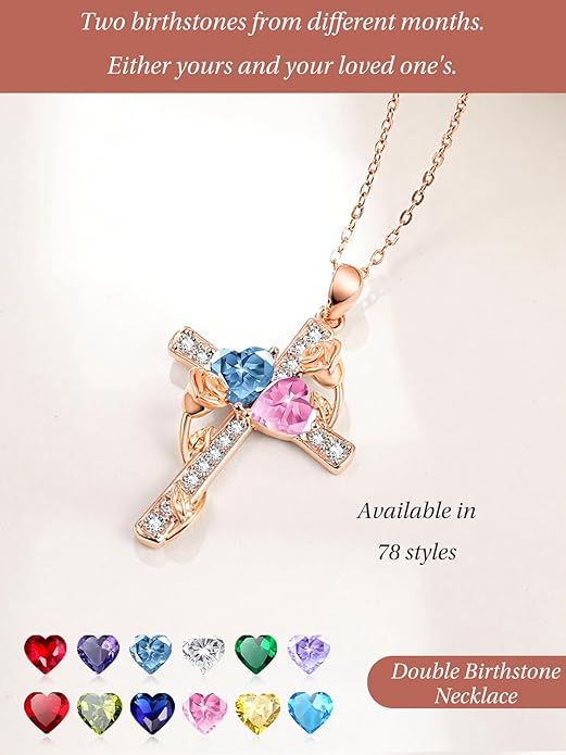 Rose Gold Dual Birthstones Cross Necklace for Women Rose Flower Jewelry Anniversary Christmas Mother's Valentine's Day Birthday Gift for Wife Girlfriend Mom - Bloomnest