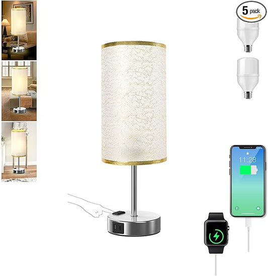 Table Lamp for Bedroom with Touch Control,Bedside Lamp with USB C+A Charging Ports& AC Outlets, Adjustable 3color LED Light for Home Decor/Nightstand/Bedroom/Office,Included Bulb and Fabric Lamp Shade - Bloomnest