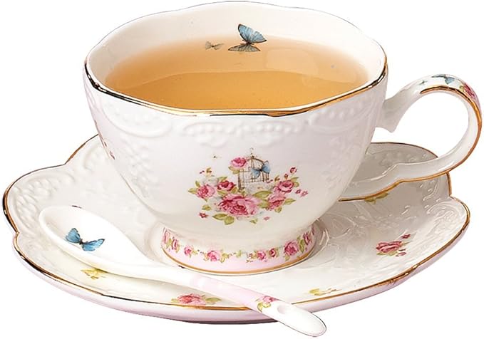 Jusalpha® Vintage Porcelain Flower Series Tea Sets, Tea Cup Saucer Set with Teapot Warmer- Filter and Spoon, 16pcs in 1 set (16pcs set) - Bloomnest