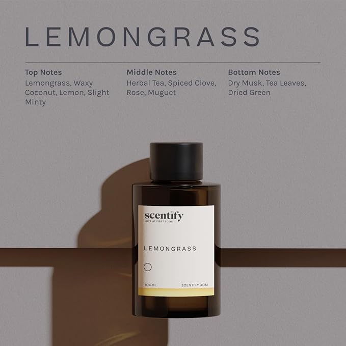 Scentify Lemongrass Aroma Oil Refill Scent for Oil Diffusers - Lemongrass, Clove, Musk Scents - Luxurious Relaxing Aromatherapy Diffuser Fragrance 100ml, 3.38 oz Scentify