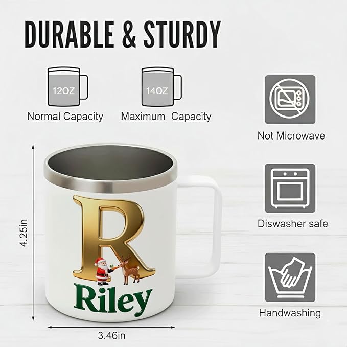 Personalized Christmas Insulated Coffee Mug with Handle – Custom Gold Initial Letter [O] with Santa & Reindeer & Green Name [Olivia] – [Your Brand Name] (B120) - Bloomnest