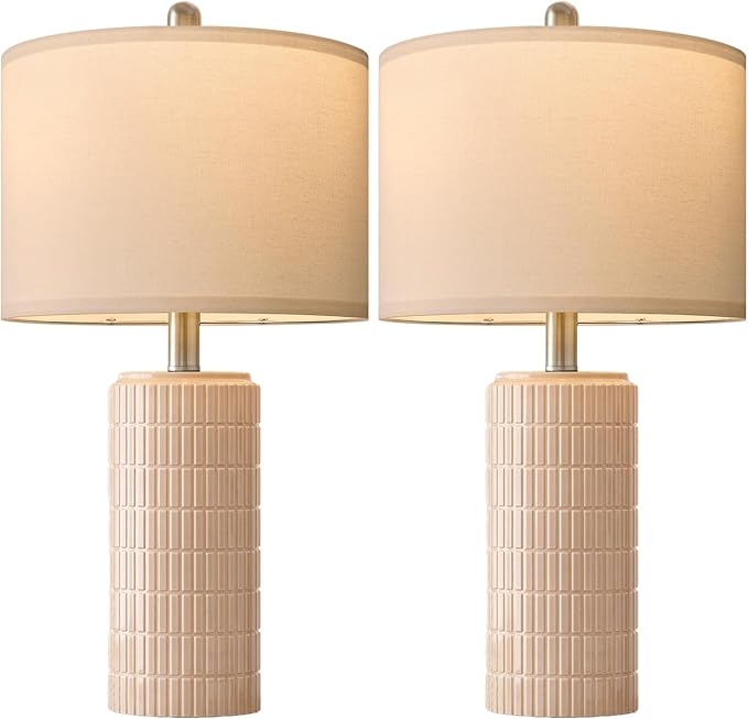PoKat 23" Pink Ceramic Table Lamps Set of 2, Modern Bedroom Lamps for Girls Room, Bedside Lamps for Night Stands, Cute Lamps for Living Room Decor, Nightstands Desk Lamp, Pink - Bloomnest