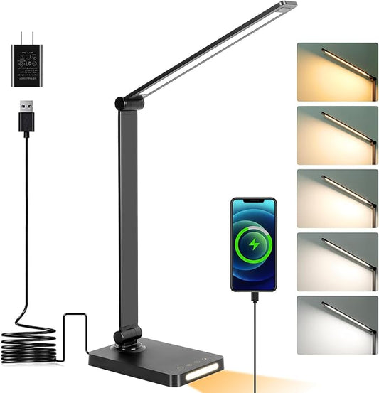 LED Desk Lamp with USB Ports,Touch Desk Lamps for Home Office with 5 Color Modes,3 Brightness Desk Light with Small Night Light,Reading Lamp Table Lamp for Bedroom Bedside Study Black （with adapter） - Bloomnest