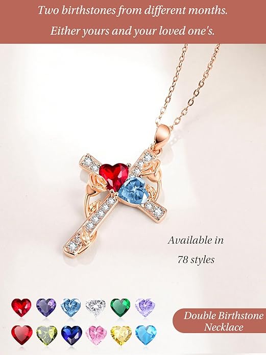 Rose Gold Dual Birthstones Cross Necklace for Women Rose Flower Jewelry Anniversary Christmas Mother's Valentine's Day Birthday Gift for Wife Girlfriend Mom - Bloomnest