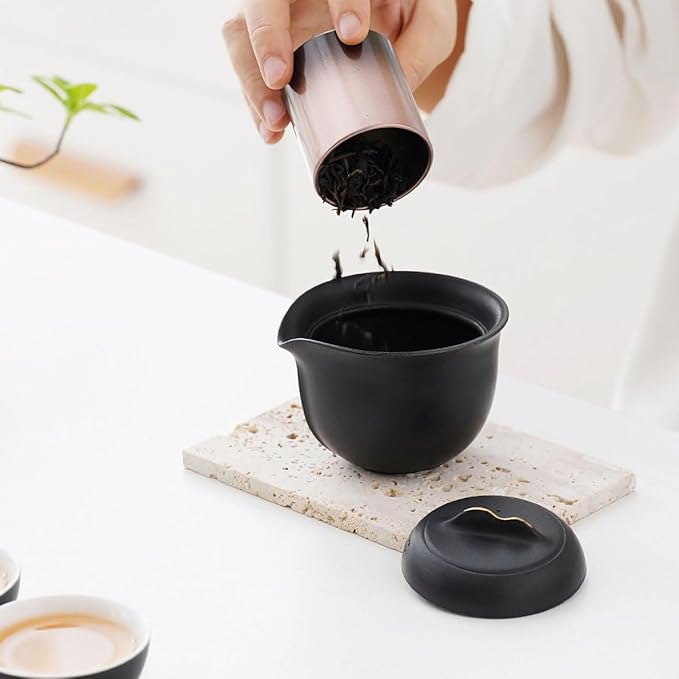 Travel Tea Set Ceramic Tea Pot Set Chinese Kung Fu Teapot Porcelain Gongfu Teacups Frosted Glazed Tea Cup, Portable Bag 1 Pot 3 Mini Cup All in One for Home Office Outdoor Picnic Camping Hotel, Black - Bloomnest