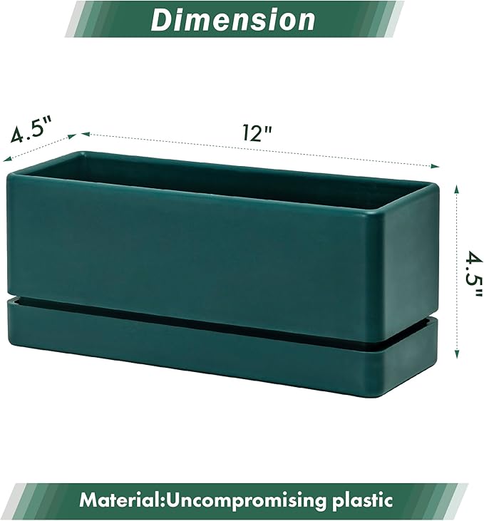 D'vine Dev 12 Inch Window Box Planter, Rectangle Plastic Herb Planter with Drainage Holes and Saucer, Indoor Succulent Cactus Vegetable Pot for Windowsill, Garden Balcony, Green, Set of 2, 76-X-C-2 - Bloomnest