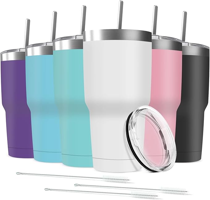 30oz Stainless Steel Travel Mug with Lid, 6 Pack Double Wall Vacuum Insulated Bulk Tumbler with 6 Straws, Powder Coated Coffee Cup Suitable for Vehicle Cup Holders(Assorted Colors) - Bloomnest