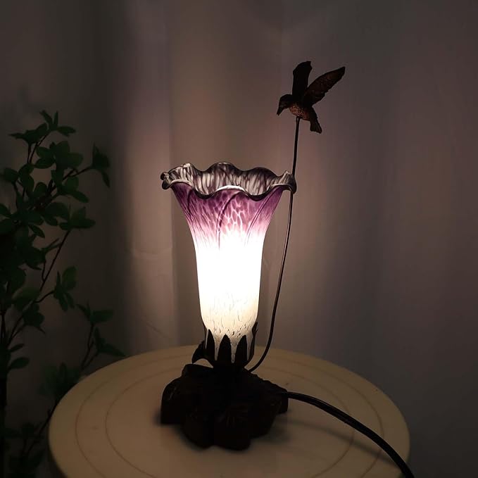 Bieye LL102 Hummingbird Flying Over Lily Flower Blown Glass Table Lamp for Home Decor (White Indigo, 4.25Wx12H)