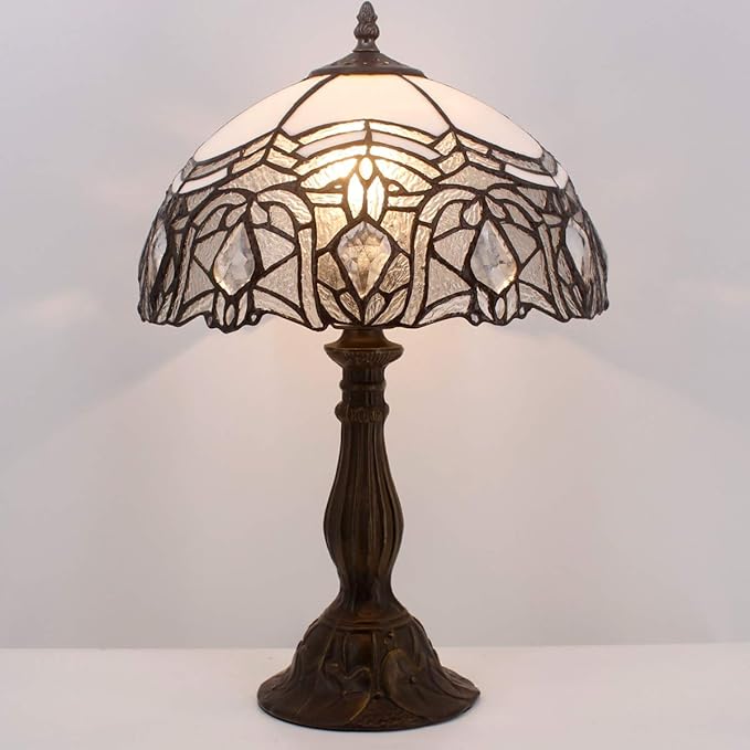 WERFACTORY Tiffany Lamp White Bent Stained Glass Bedside Table Lamp Desk Reading Light 12X12X18 Inches Decor Bedroom Living Room Home Office S508W Series - Bloomnest
