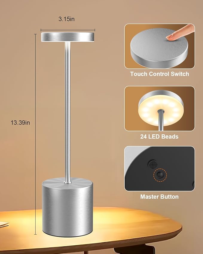 Cordless Table Lamp Set of 2, Rechargeable 5000mAh Battery Powered Outdoor Table Lamps(Silver) - Bloomnest