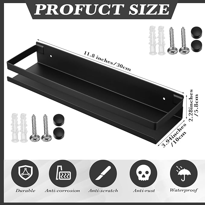 Lallisa 2 Pieces Stainless Steel Shelf Bathroom Shower Floating Shelves Wall Mounted Shower Caddy Basket Shelf Storage Organizer Shelves for Bathroom, Kitchen, Living Room (Black,11.81 Inch/ 30 cm) - Bloomnest