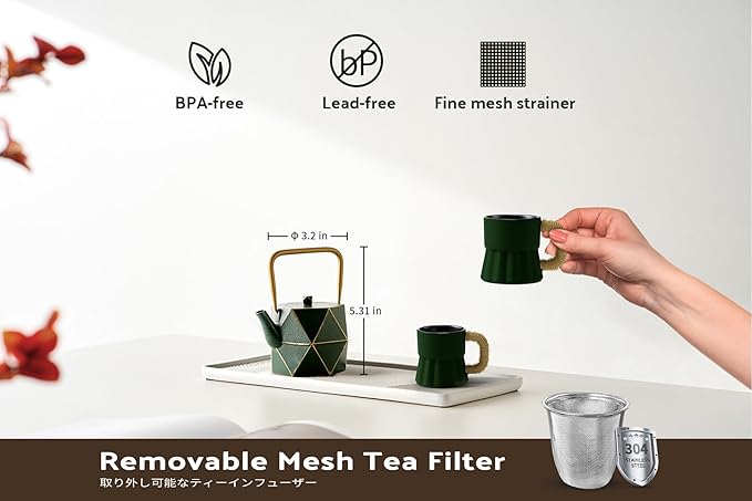 Toptier Mini Tea Kettle, Super Small Palm-sized Teapot, Stovetop Safe Japanese Cast Iron Tea Kettle, Diamond Design Tea Pot with Removable Infuser for Loose Tea, 11 Ounce (325 ml), Dark Green - Bloomnest