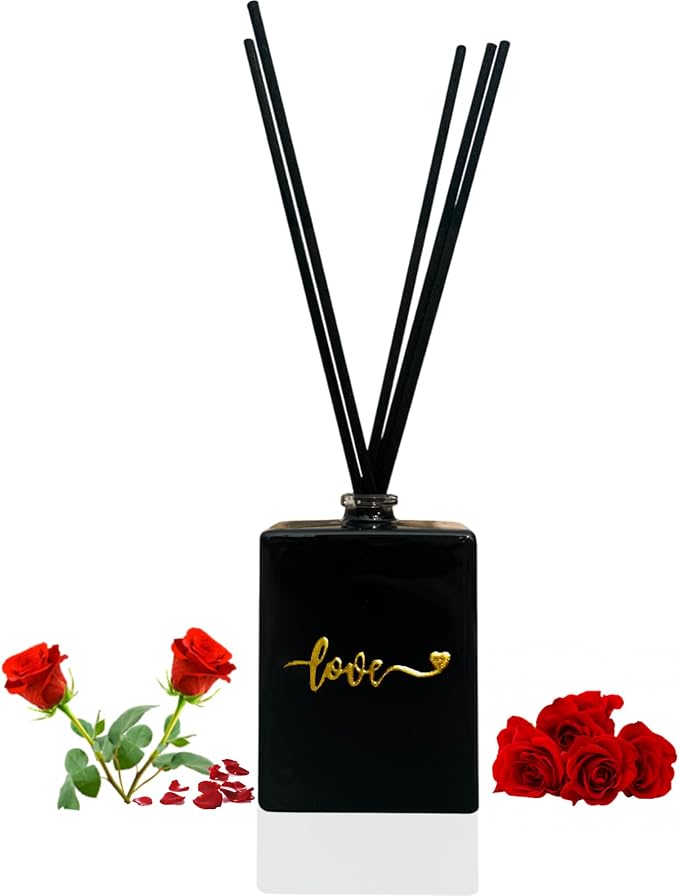 Love Reed Diffuser Set | 3 oz Sleek Black Rectangular Glass Diffuser for Loved Ones | Fresh Smelling Home & Offices | Made with Rose & Amber Essential Oils | Ideal for Small Spaces