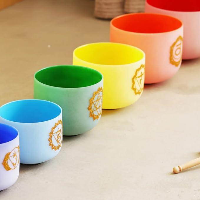Hye-eun Colored Crystal Singing Bowls Chakra Set of 7, 432hz Frosted Sound Bowl 7-12 Inch Set with Carrying Case for Yoga Musical Vibration Sound Healing - Bloomnest
