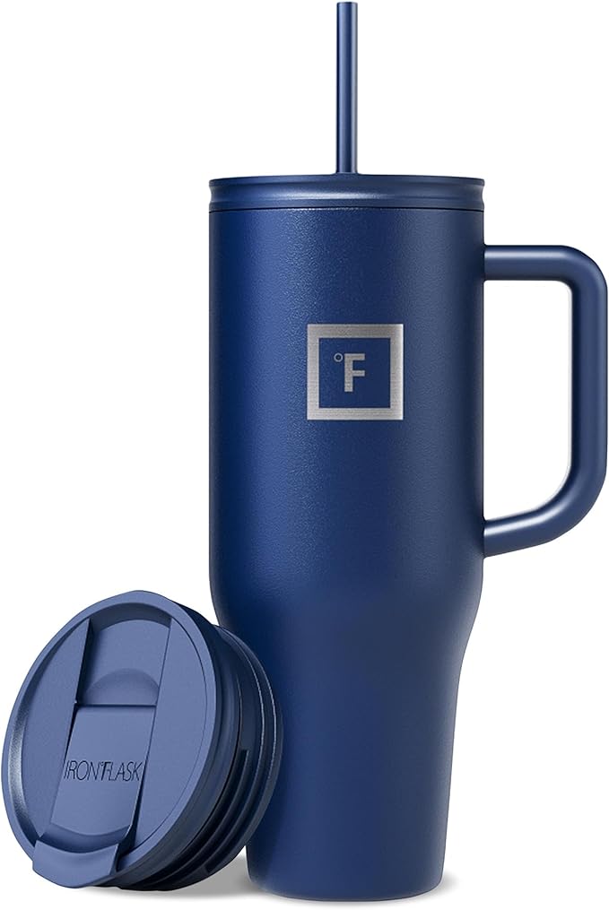 IRON °FLASK Co-Pilot Insulated Mug w/Straw & Flip Cap Lids - Cup Holder Bottle for Hot, Cold Drink - Leak-Proof - Water, Coffee Portable Travel Mug - Twilight Blue, 40 Oz - Bloomnest