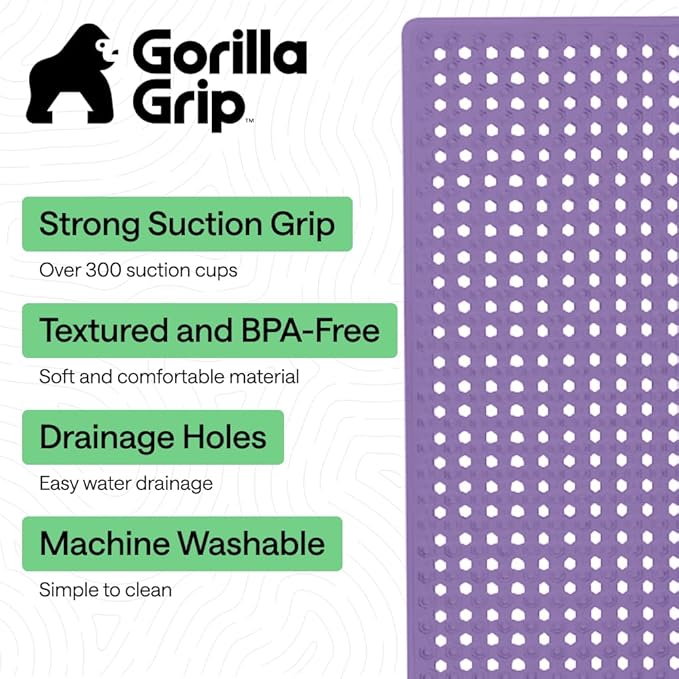GORILLA GRIP Patented Bath Tub Shower Mat, Machine Washable Bathtub Floor Liner Mats, Suction Cups and Drain Holes to Keep Tubs Clean, Soft on Feet, Bathroom Essentials, 35x16 Inch, Purple Opaque - Bloomnest