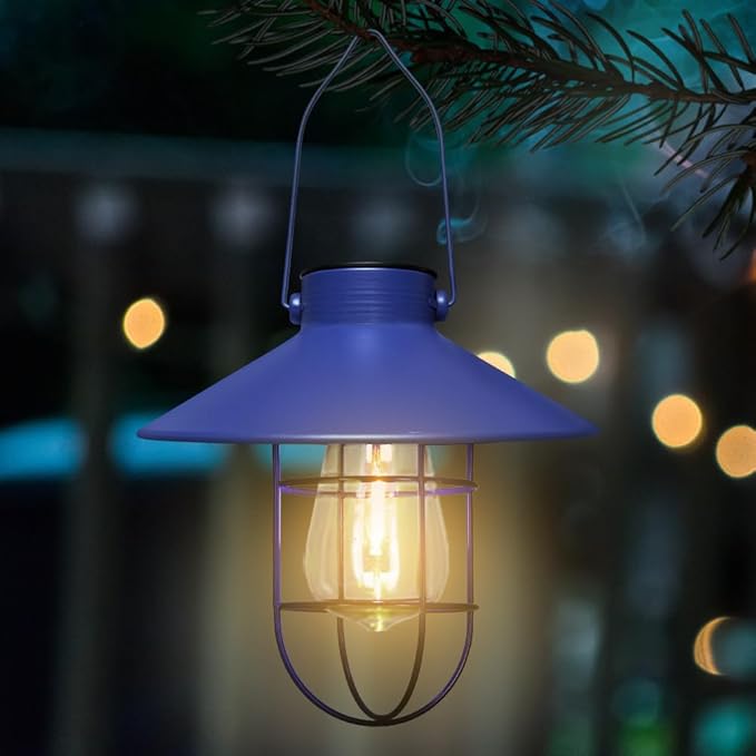 pearlstar Solar Lantern Outdoor Hanging Light Metal Farmhouse Solar Lamp with Warm White Edison Bulb Design for Garden Yard Patio Proch Decor(Blue) - Bloomnest