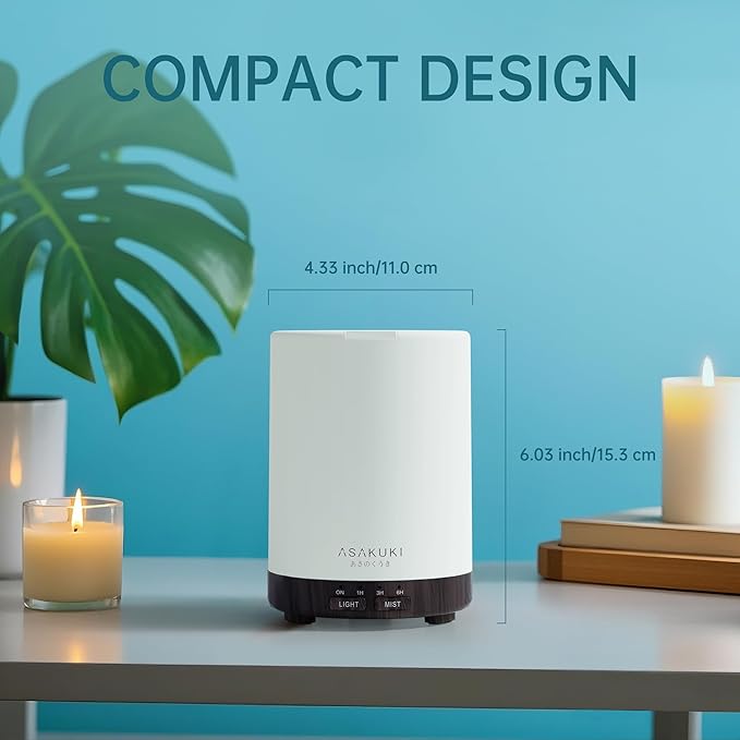 ASAKUKI 300ML Essential Oil Diffuser, Quiet 5-in-1 Premium Humidifier, Home Fragrance Aroma Diffuser with 7 LED Color Changing Light and Auto-Off Switch -Dark Brown - Bloomnest