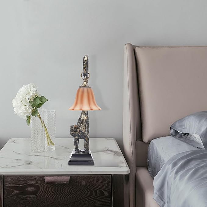 Eapmic Table Lamp, Resin Monkey Desk Lamp, Retro Bedside Light Animal Table Lamp with Trumpet Shade, Monkey Light for Bedroom Living Room Kids Room Office Home Decoration (Style 1) - Bloomnest
