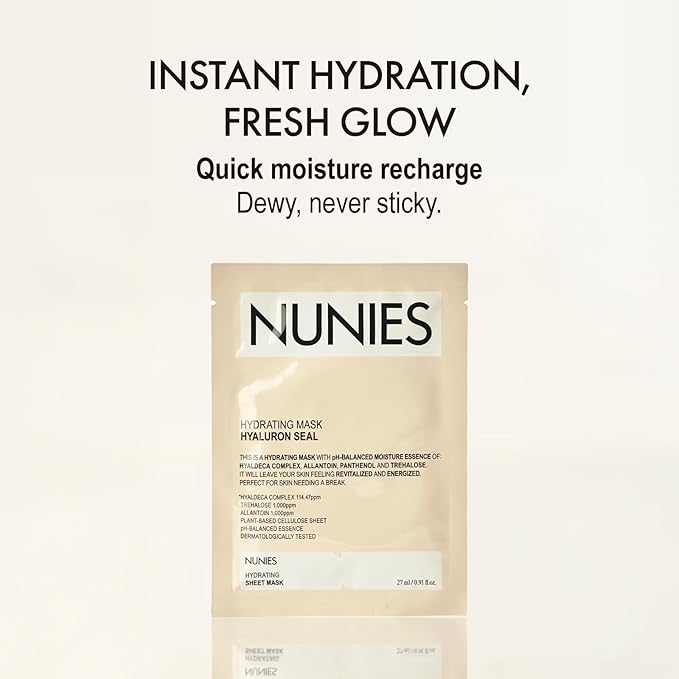 NUNIES Hydrating Sheet Mask – Korean Moisturizing Face Mask for Dry & Sensitive Skin | 10-Layer Hyaluronic Acid, Trehalose & Allantoin | Glow, pH-Balanced | Fragrance-Free, Colorant-Free | 5 Sheets - Bloomnest