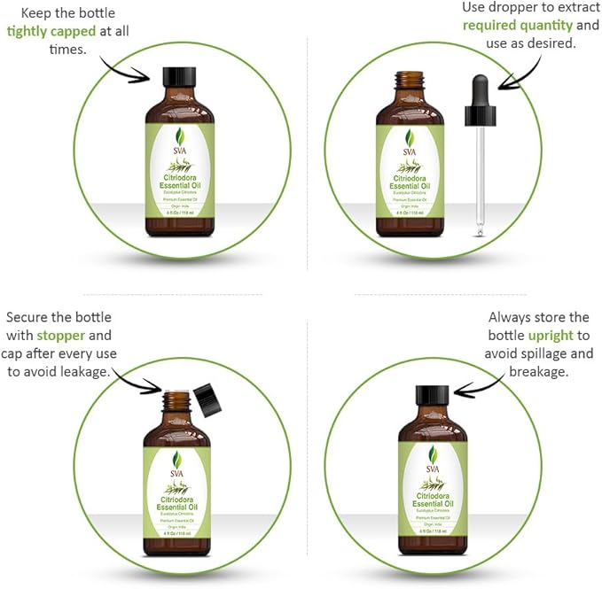 SVA Lemon Eucalyptus Essential Oil – 4 Fl Oz – 100% Natural Citriodora Oil - for Diffuser, Hair Care, Face, Skin Care, Aromatherapy, Scalp and Body Massage, Soap and Candle Making – with Dropper - Bloomnest