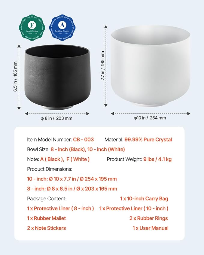 VEVOR 2PCS Crystal Singing Bowls, 8-inch and 10-inch A & F Note Singing Bowls, Frosted Quartz Singing Bowl with 10" Carrying Bag, 1 Rubber Mallet and 2 O-Rings, Ideal for Meditation Yoga Sound Healing - Bloomnest