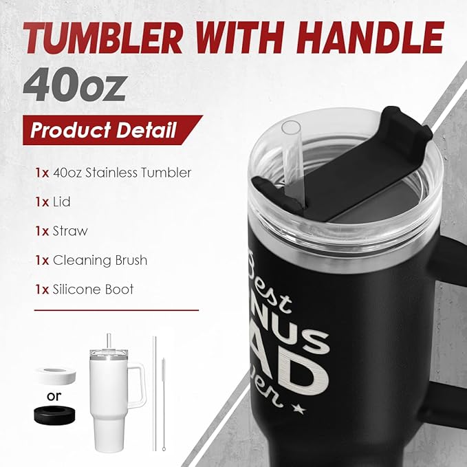 SANDJEST Bonus Dad Tumbler Gift from Step Daughter Son, 40oz Stainless Steel Insulated Coffee Tumbler With Lid & Straw, Travel Cup Gift for Step Dad Men, Christmas Birthday Father's Day - Bloomnest