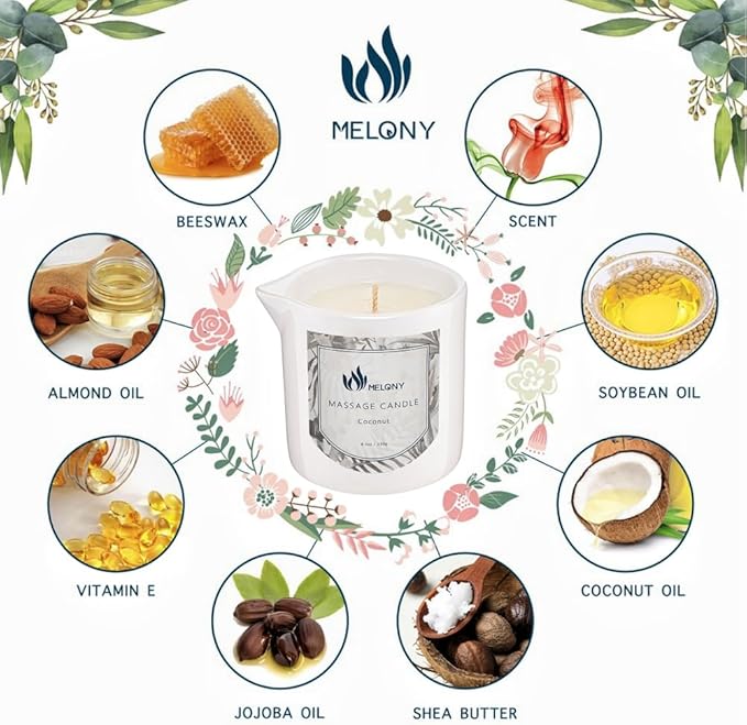 MELONY Soy Massage Oil Candle | Coconut | 8.1OZ / 230G | Perfect Intensive Skin Treatment Candle | Nourishing with Almond Oil, Shea Butter & Cocoa Butter | Massage & Moisturise - Bloomnest