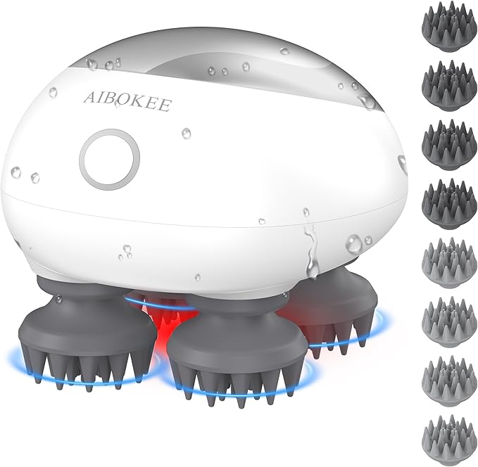 Electric Scalp Massager, Portable Head Stress Relax,IPX7 Waterproof Rechargeable Head Massager Scalp Stress Relax, Body for Deep Cleansing, Relief, Hair Growth (Silver) AIBOKEE