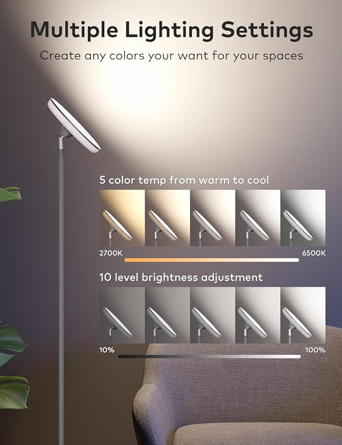 Bright Floor Lamp,42W 3700LM LED Torchiere Floor Lamps for Living Room, 71in. Modern Tall Standing Light with Remote,Color & Brightness Dimmable Sky Light,1/2/3H Timer for Bedroom,Office(Gray) - Bloomnest