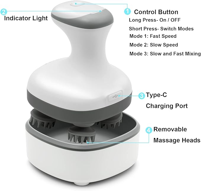 VIVIYA Electric Scalp Massager, Portable Rechargeable Head Massager with 8 Removable Massage Claws, Waterproof Handheld Hair Scalp Scratcher for Full-Body Massage and Stress Relax VIVIYA
