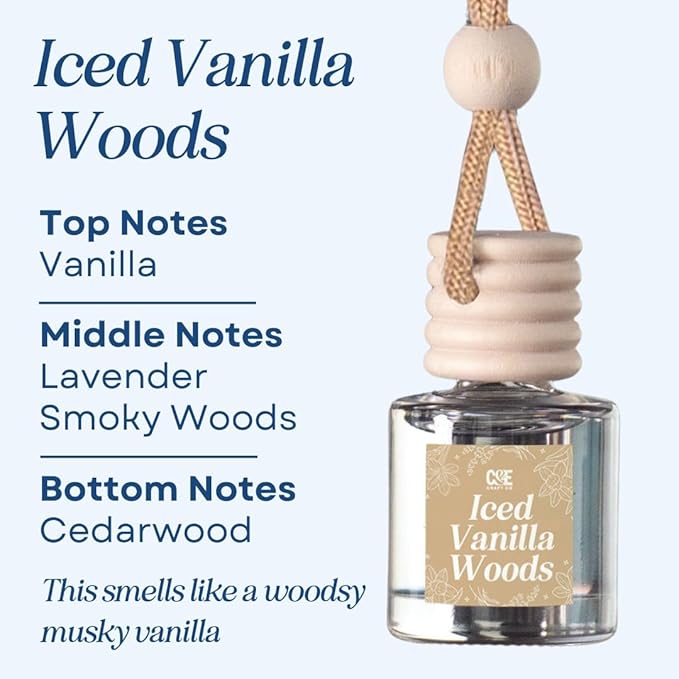 C&E Craft Co Hanging Car Air Freshener Diffuser 2 Pack, Long Lasting Fragrance Oil Car Freshener, Glass Bottle Auto Air Freshener, Made in USA (Iced Vanilla Woods) - Bloomnest