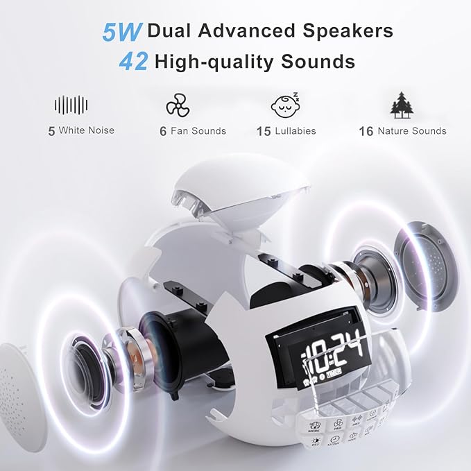 42 Sound White Noise Machine for Kids Adult Baby Sleeping + Bluetooth + Nightlight, Lullaby/Nature Soothing Sounds, 2 Alarm Clock for Bedroom Home, Adjustable Volume, 15-480 Timer, USB & AC Powered… - Bloomnest