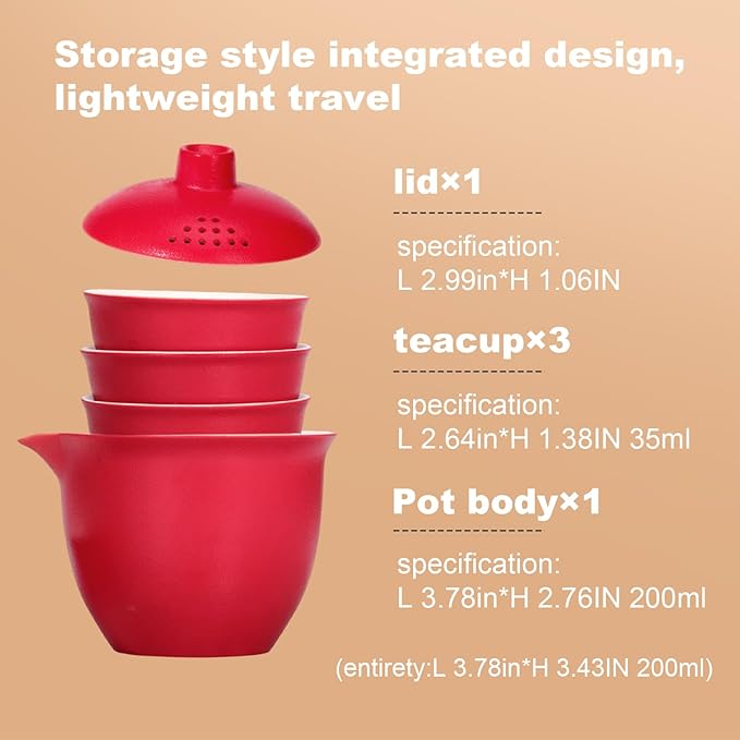 Porcelain Chinese Gongfu Tea Sets for Adults Ceramic japanese Tea Set Portable Kungfu Gaiwan Teapot and Cup Set Small Travel Teaset with Lid for Home Gifting Outdoor and Office (Red) - Bloomnest